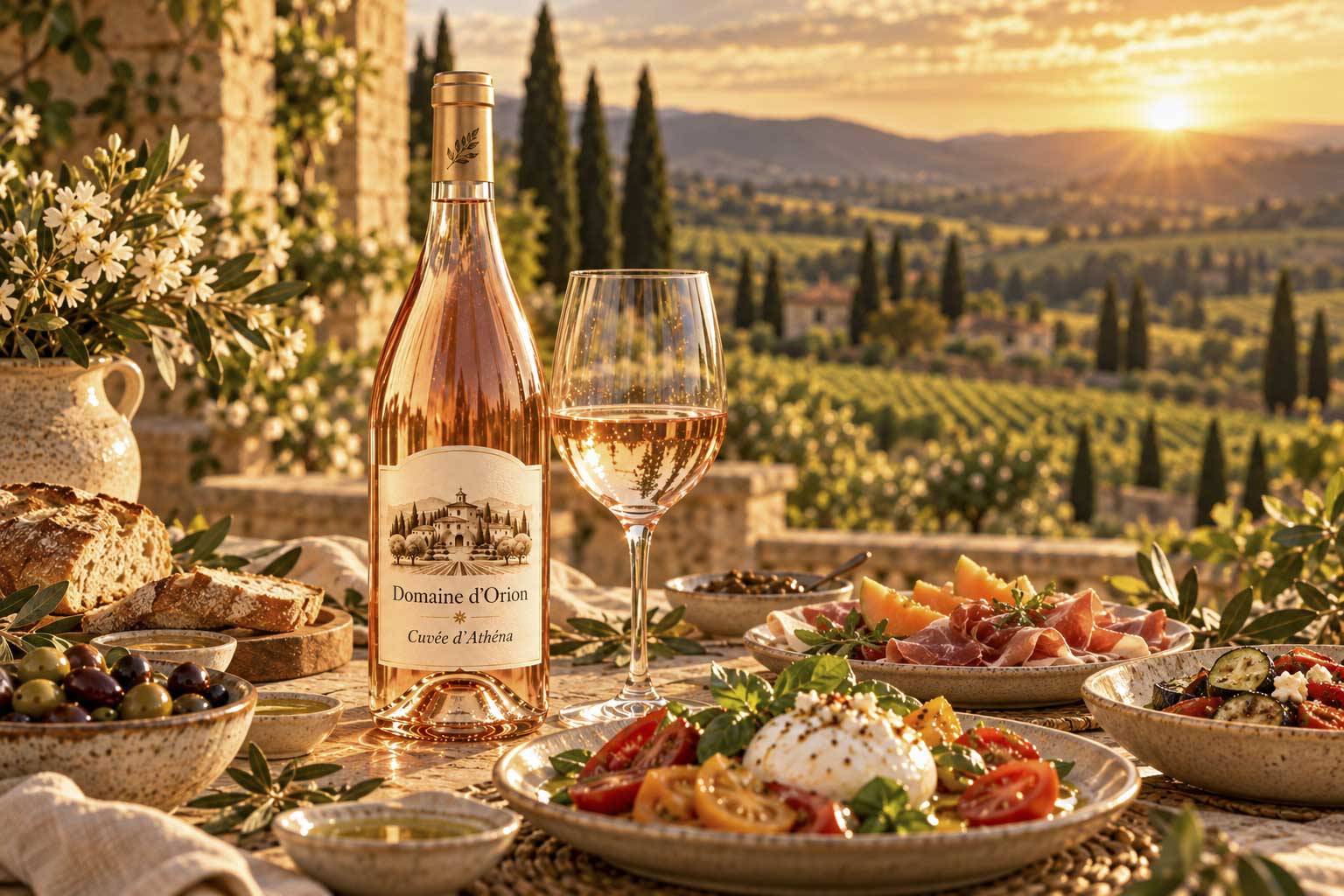 Univers visuel du Domaine d’Orion : Cuvée d’Athéna et table estivale