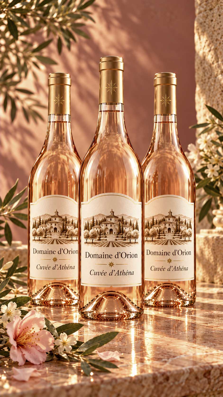 Trois bouteilles de la Cuvée d’Athéna sur une table rose au soleil