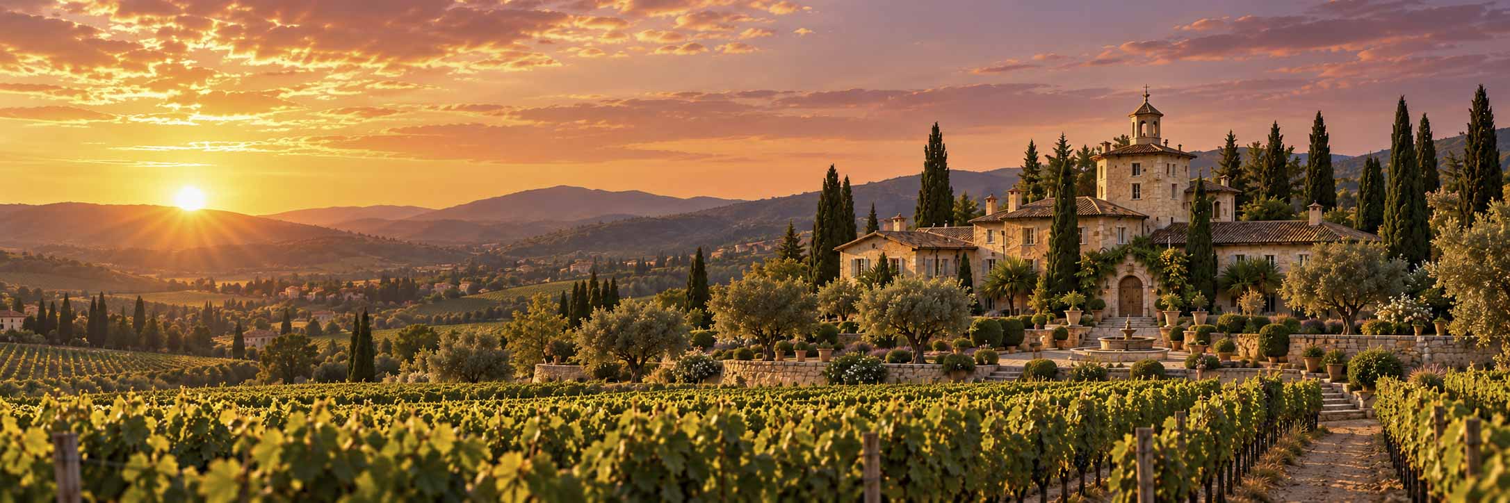 Panorama du Domaine d’Orion et de son vignoble au soleil couchant