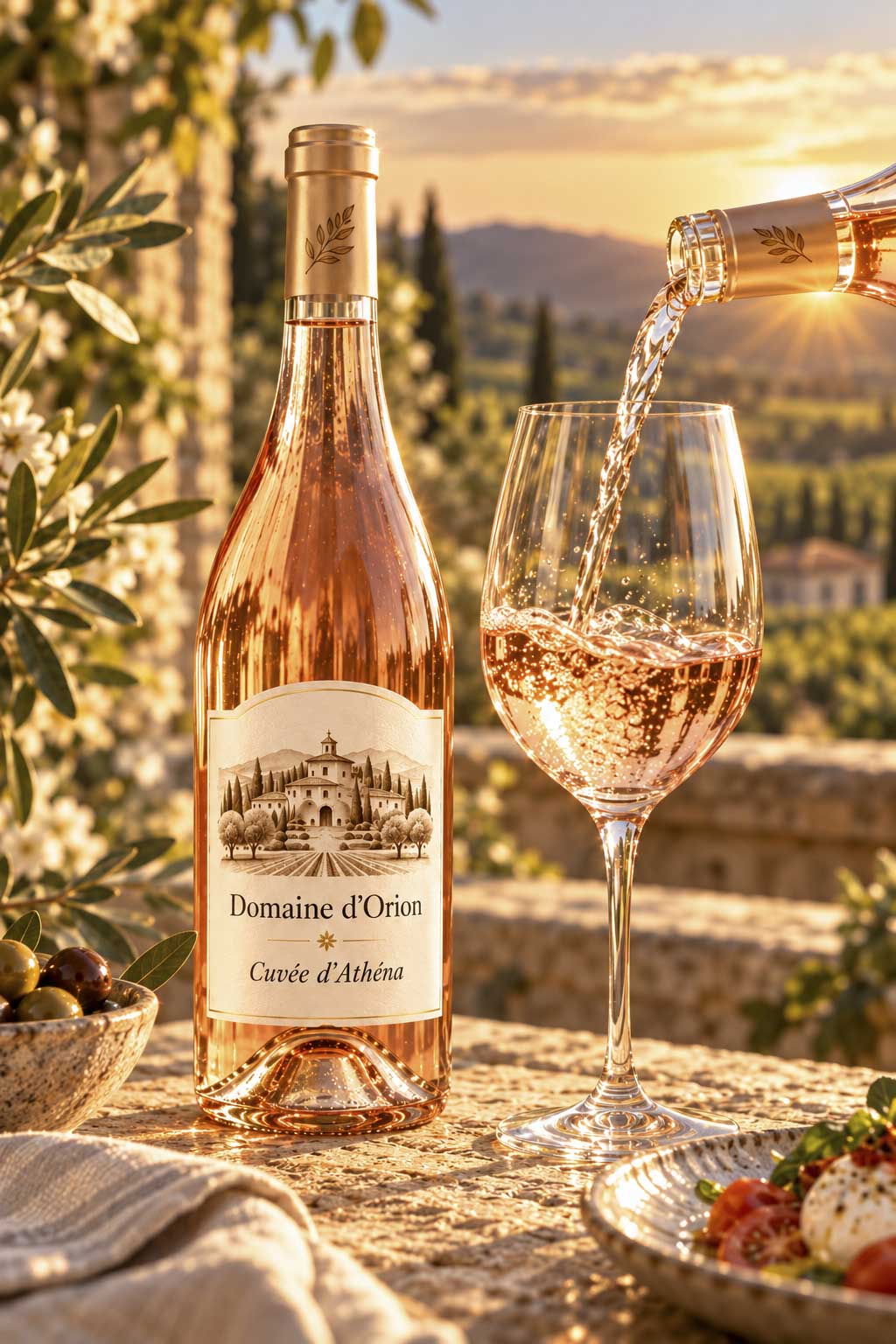 Bouteille de Cuvée d’Athéna et rosé versé dans un verre à la lumière du soleil