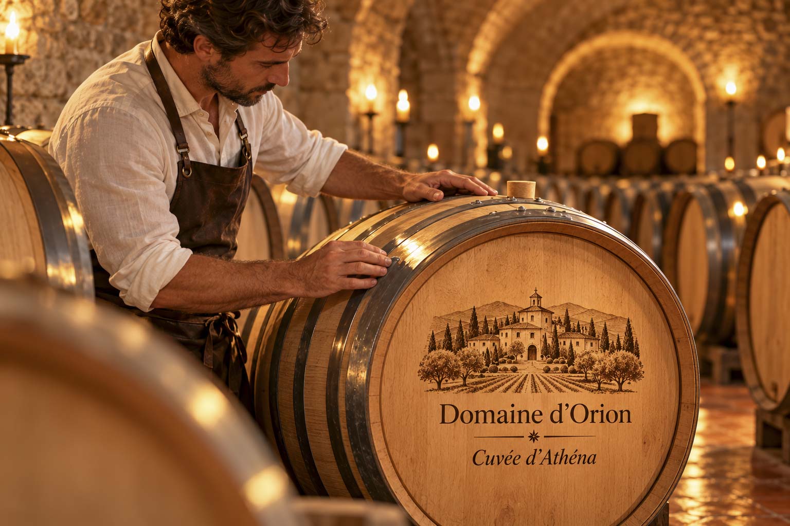 Un artisan près d’un tonneau gravé Domaine d’Orion — Cuvée d’Athéna dans un chai en pierre