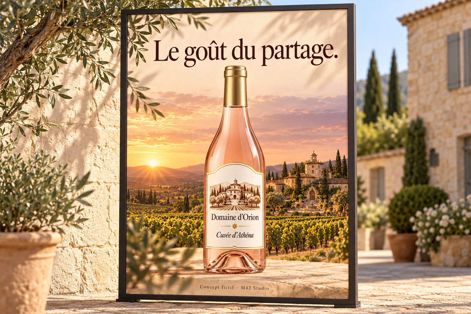 Affiche fictive Domaine d’Orion dans un cadre en Provence