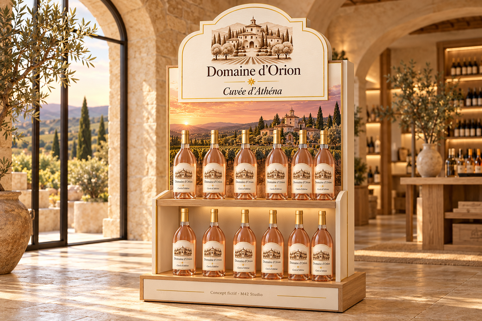Présentoir PLV fictif de la Cuvée d’Athéna en boutique