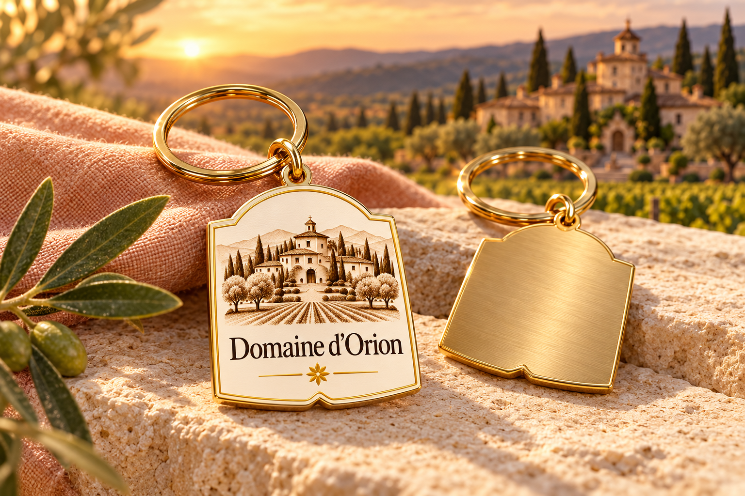 Porte-clés Domaine d’Orion ivoire et doré avec illustration du domaine