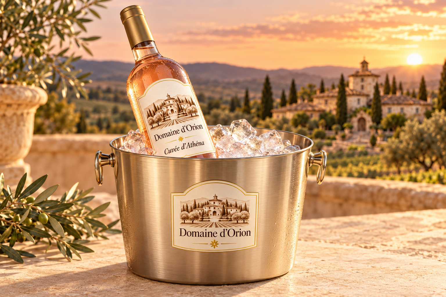 Seau à vin Domaine d’Orion avec bouteille de Cuvée d’Athéna